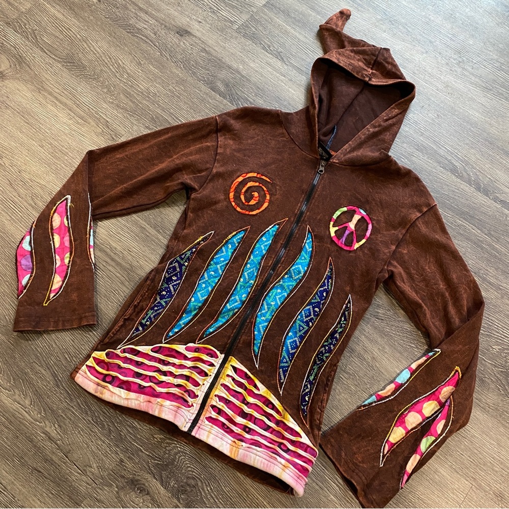 Shop Therapy Made in Nepal hand Embroidered zip up sweatshirt festival peace y2k